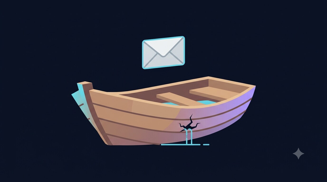Ilustración de un email de cancelación de mantenimiento web y una grieta abriéndose en el casco de un barco